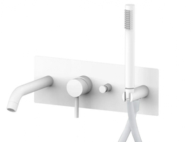 Смеситель для ванны Paffoni встраиваемый на 2 выхода, накладка из нерж стали 350х120мм, душ гарнитур MASTER из металла, девиатор-кнопка, белый матовый, LIG001BO - фото, отзывы, цена