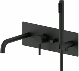 Смеситель для ванны Paffoni встраиваемый на 2 выхода, накладка из нерж стали 350х120мм, душ гарнитур MASTER из металла, девиатор-кнопка, черный матовый, LIG001NO - фото, отзывы, цена