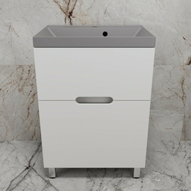 Тумба напольная Style Line Матис 60 с раковиной Asti 60 серый шелк, 2 ящика, белая матовая - фото, отзывы, цена