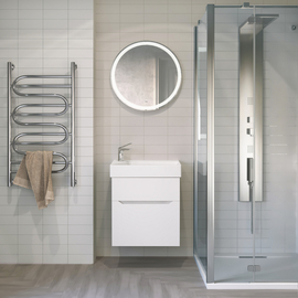 Тумба Jorno Folk 55 с раковиной Slim Synergy 55, подвесная, белая - фото, отзывы, цена