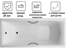 Чугунная ванна Luxus Grand Plus 170х75 с антискольжением и отверстиями для ручек - фото, отзывы, цена