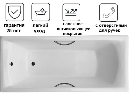 Чугунная ванна Luxus Grand Plus 170х75 с антискольжением и отверстиями для ручек - фото, отзывы, цена