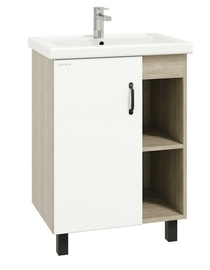 Тумба Onika Тимбер 60 с раковиной Kirovit Фостер 60, напольная, белая матовая/дуб сонома - фото, отзывы, цена