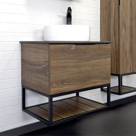 Тумба c раковиной Comforty Порто-60 дуб тёмно-коричневый с черной столешницей с отверстием под смеситель - фото, отзывы, цена