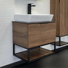 Тумба c раковиной Comforty Порто-60 дуб тёмно-коричневый с черной столешницей - фото, отзывы, цена