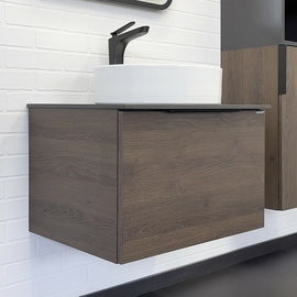 Тумба c раковиной Comforty Портленд-60 дуб шоколадно-коричневый со столешницей под мрамор Калакатта Блэк - фото, отзывы, цена