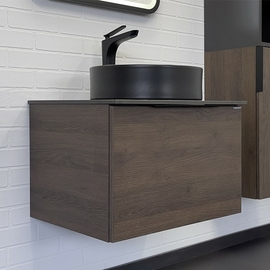 Тумба c раковиной Comforty Портленд-60 дуб шоколадно-коричневый со столешницей под мрамор Калакатта Блэк - фото, отзывы, цена