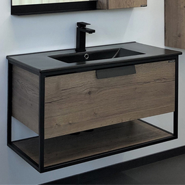 Тумба Comforty Бонн 90 дуб темный с чёрной матовой раковиной Comforty 90E - фото, отзывы, цена