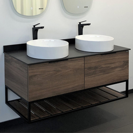 Тумба Comforty Порто-120-2 дуб тёмно-коричневый с черной столешницей с раковинами Comforty 9110 - фото, отзывы, цена