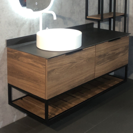 Тумба Comforty Порто-120-1 дуб тёмно-коричневый с черной столешницей c раковиной Comforty 9110 - фото, отзывы, цена